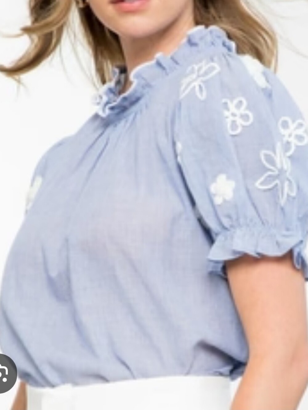 THML Light Blue Ruffled Mock Neck Embroidered Sleeve Blouse - Picture 2 of 10